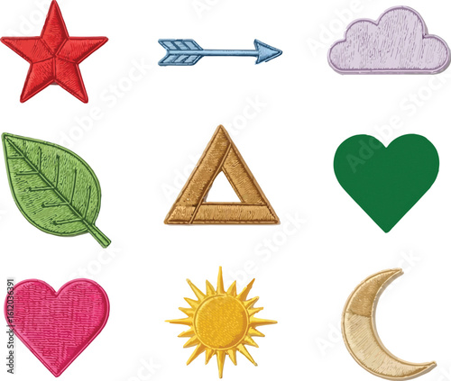 Embroidered patches set star arrow cloud leaf triangle snowflake heart sun and moon isolated editable