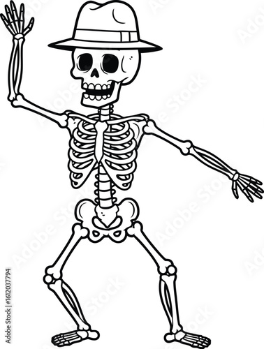 Cartoon skeleton wearing a hat and waving on a white background image