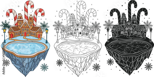 Gingerbread house coloring page winter landscape with ice skating rink and candy canes art editable