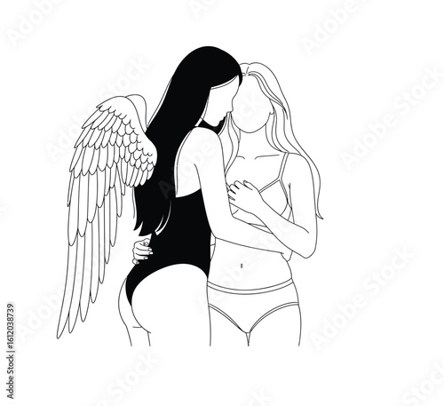 Two Girl with Angel Wing Minimalist Line Art