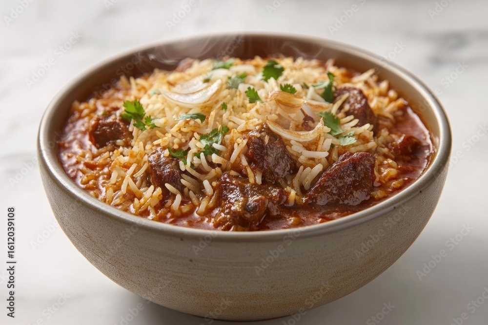 Aromatic bowl of steaming mutton biryani, tender meat, fluffy rice, fragrant spices. Aromatic bowl of steaming mutton biryani, tender meat, fluffy rice, fragrant spices.