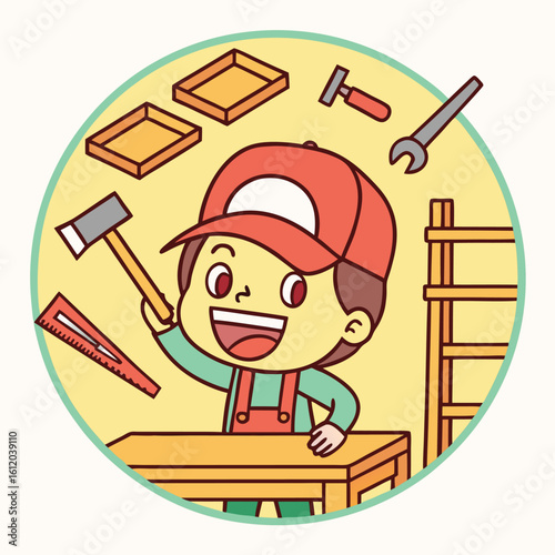 Young Carpenter Hobbyist Enjoying Woodworking Craftsmanship with Tools