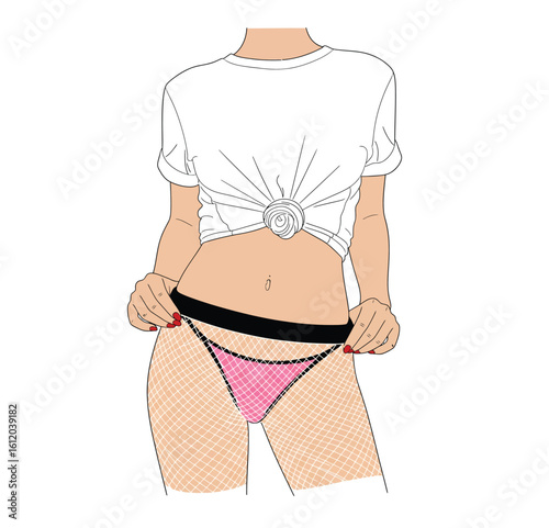  Trendy Girl in T-shirt, Thong  Vector