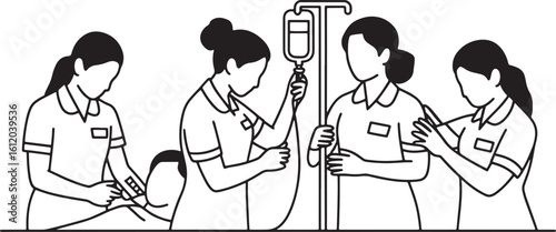 Medical Professionals Line Icon Set – Black and White Vector Illustration