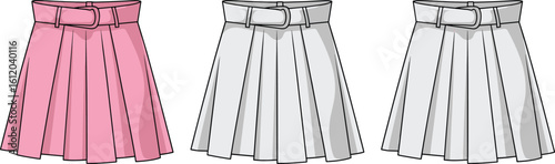 Pleated high waist skirt design, belt buckle detail, pink and white variation, fashion drawing, garment illustration, clothing style sketch