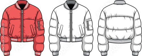 Puffer jacket front and back illustration, zipper, ribbed cuff and collar, sleeve pocket detail, red and white fashion technical sketch