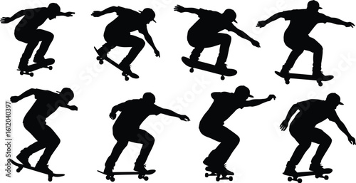 Multiple silhouettes of skateboarders performing tricks on skateboards