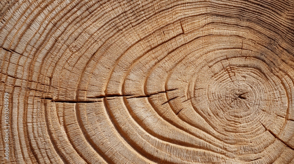 Naklejka premium Tree rings in cross-section of freshly cut oak log. Natural wood grain patterns
