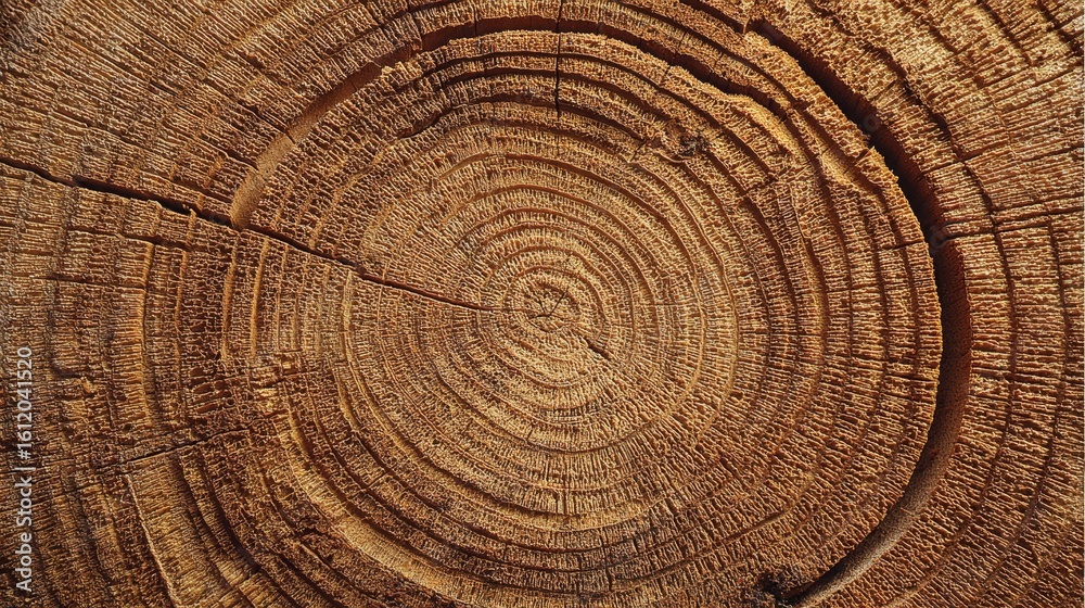 Naklejka premium Tree rings in cross-section of freshly cut oak log. Natural wood grain patterns