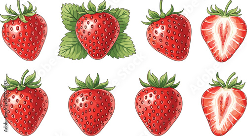 Strawberries illustration with whole and sliced fruits, red texture, seeds, green leaves, food art, realistic style, healthy fruit design