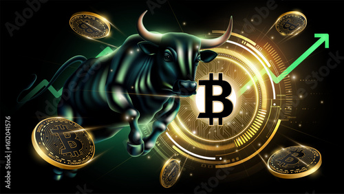 Bitcoin bull market with digital coins and rising trend line symbolizing cryptocurrency growth and investment opportunity, vector illustration