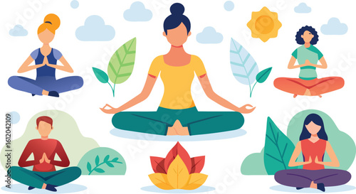 Diverse people meditating in lotus pose surrounded by nature elements and sun yoga meditation