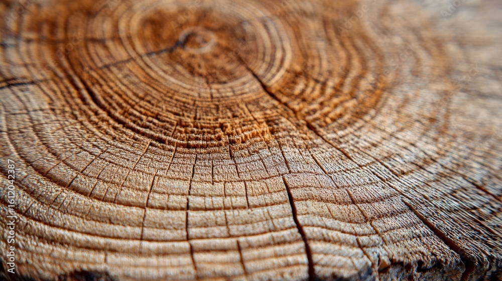 Fototapeta premium Tree rings in cross-section of freshly cut oak log. Natural wood grain patterns