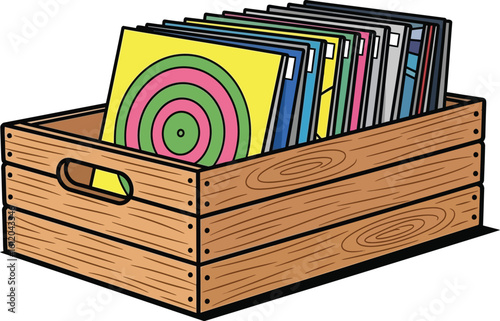 A wooden crate filled with vinyl records featuring colorful designs on them