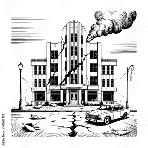 Damaged Art Deco Building with Smoke and Cracked Street