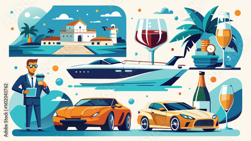 Wealthy lifestyle with yacht cars luxury villa and drinks luxury lifestyle sports car