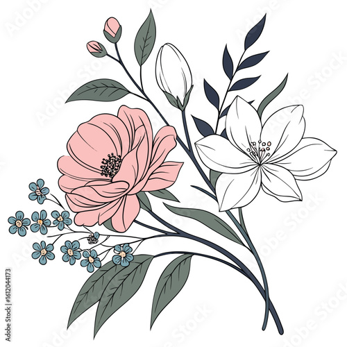 Elegant floral bouquet featuring pink rose, white blossom, and forgetmenot on a white background
