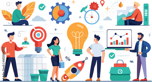 Diverse group of people collaborating around business growth concepts and ideas teamwork collaboration