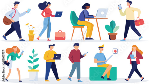 Diverse people using technology and working in a flat design style mobile phone laptop