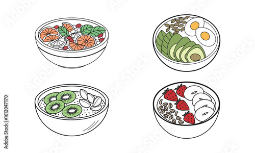 Four bowls of healthy food with fruits and eggs breakfast