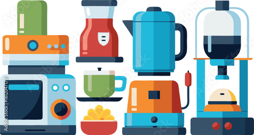 Collection of colorful kitchen appliances and a cup of coffee maker kettle