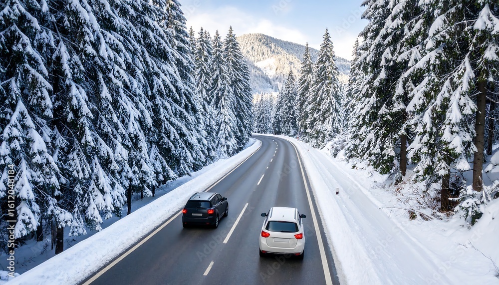 Snowy winter road with cars Snowy winter road with cars