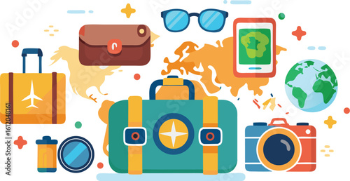 Flat design travel items including luggage camera sunglasses and globe suitcase world