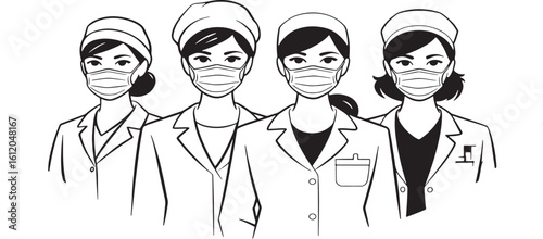 Medical Professionals Line Icon Set – Black and White Vector Illustration
