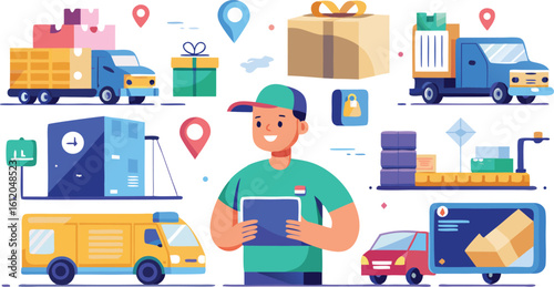Delivery person with trucks packages and location pins flat illustration vector