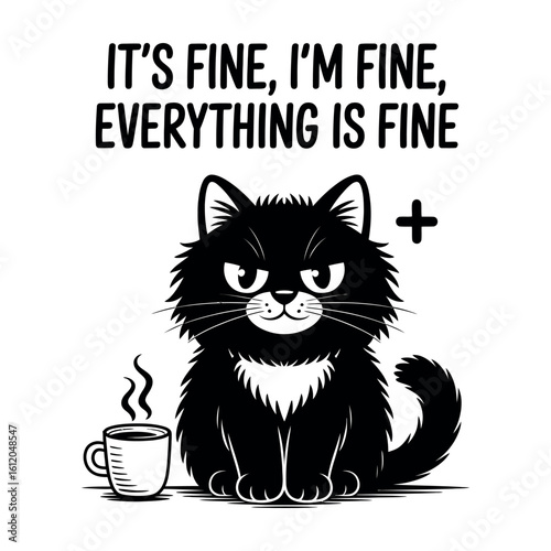Grumpy black cat with coffee and text vector