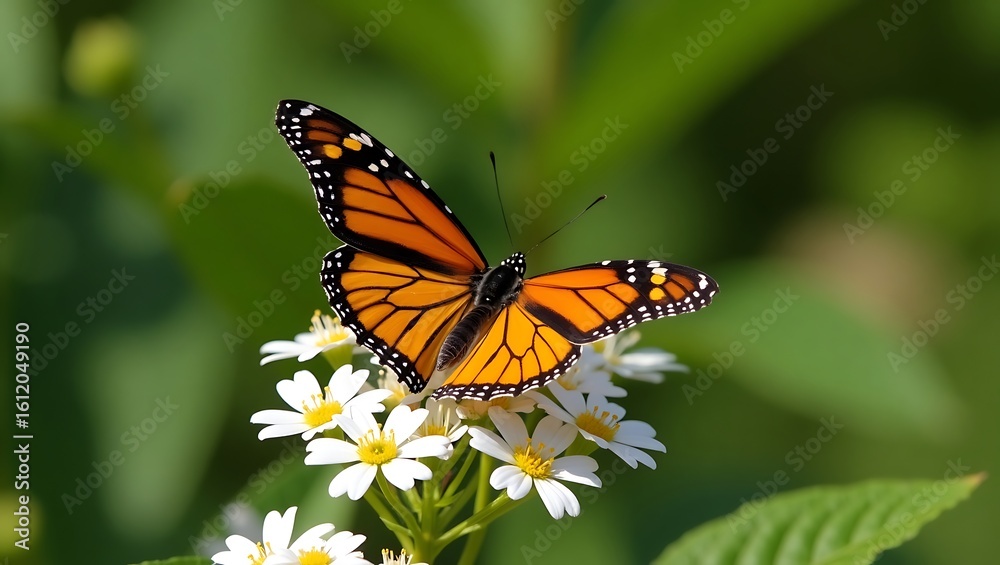 Fototapeta premium Vibrant monarch butterfly with orange and black wings alights gently on a cluster of delicate white wildflowers