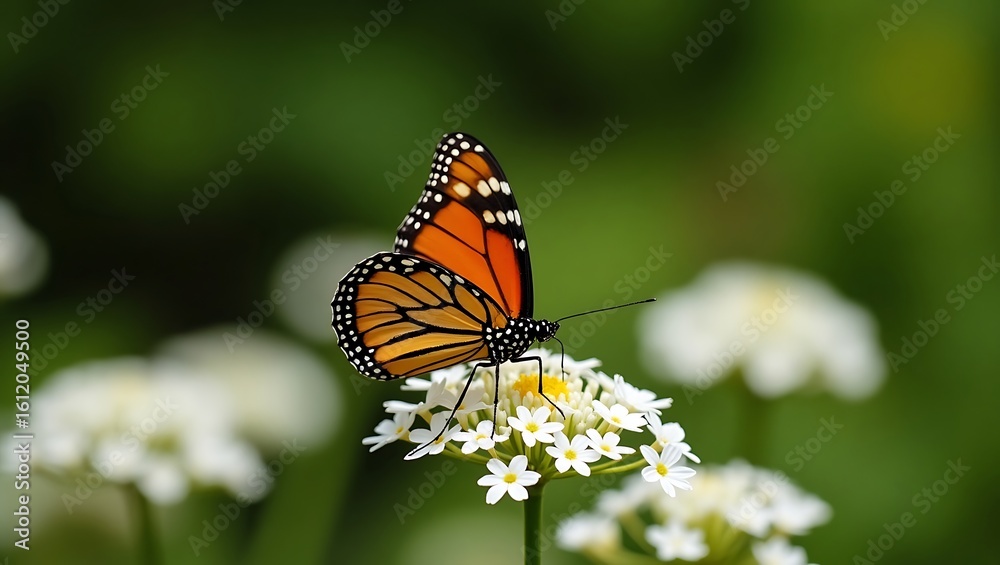 Obraz premium Vibrant monarch butterfly rests gracefully upon a delicate cluster of white wildflowers in a lush green garden
