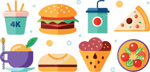 Flat design fast food and drink icons with 4 K cup illustration