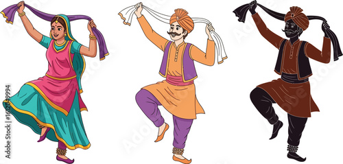 Find vibrant bhangra dancers illustration for cultural events and festive celebrations design editable