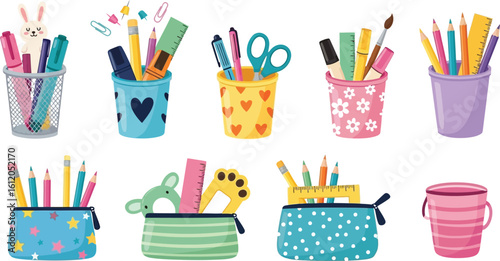 Back to school supplies vector illustration with pencil holders and pencil cases for students editable