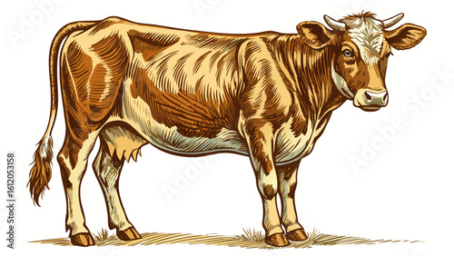 very Beautiful  close up Vintage engraving of dairy cattle isolated white background 