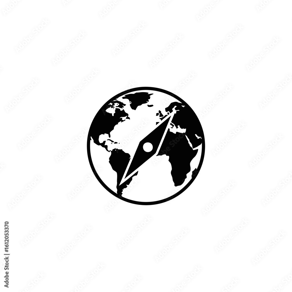 Obraz premium A black and white graphic of a world map with a compass overlayed on the earth illustration image