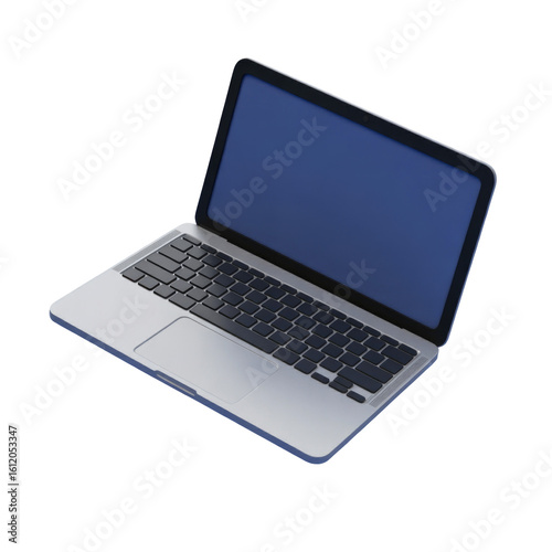 Modern sleek silver laptop with open screen isolated against black background technology image