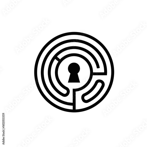 A black and white circular maze with a keyhole shape in the center on a plain white background
