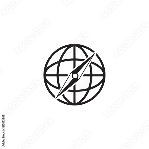 A minimalist black and white illustration of a globe with a compass overlaid on the globe design