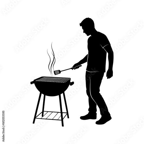 A silhouette of a man grilling on a barbecue with smoke rising on a white background illustration