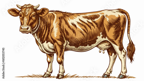 very Beautiful  close up Vintage engraving of dairy cattle isolated white background 