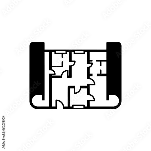 A black and white architectural floor plan design with rooms and doorways on a rolled up blueprint sheet