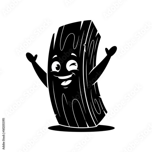 A cartoonish piece of wood with a winking face and arms raised on a light yellow background image