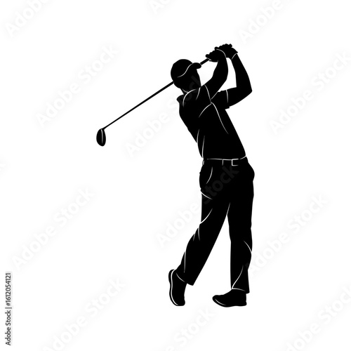 A silhouette of a golfer swinging a golf club with a white background in a full body view illustration