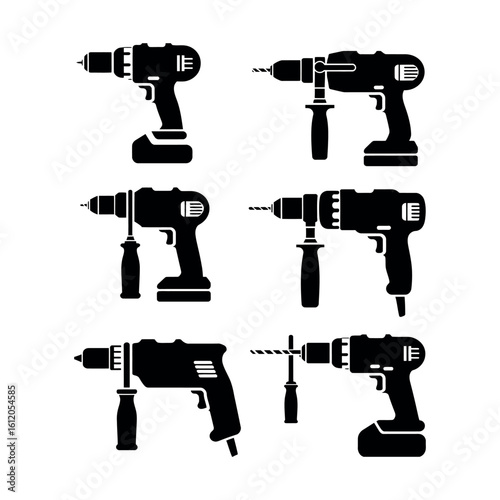 Six Black Silhouette Cordless Drills and Drill Bits