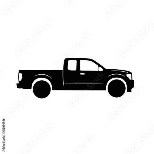 A silhouette illustration of a black pickup truck with a single cab and a short bed design shown sideways