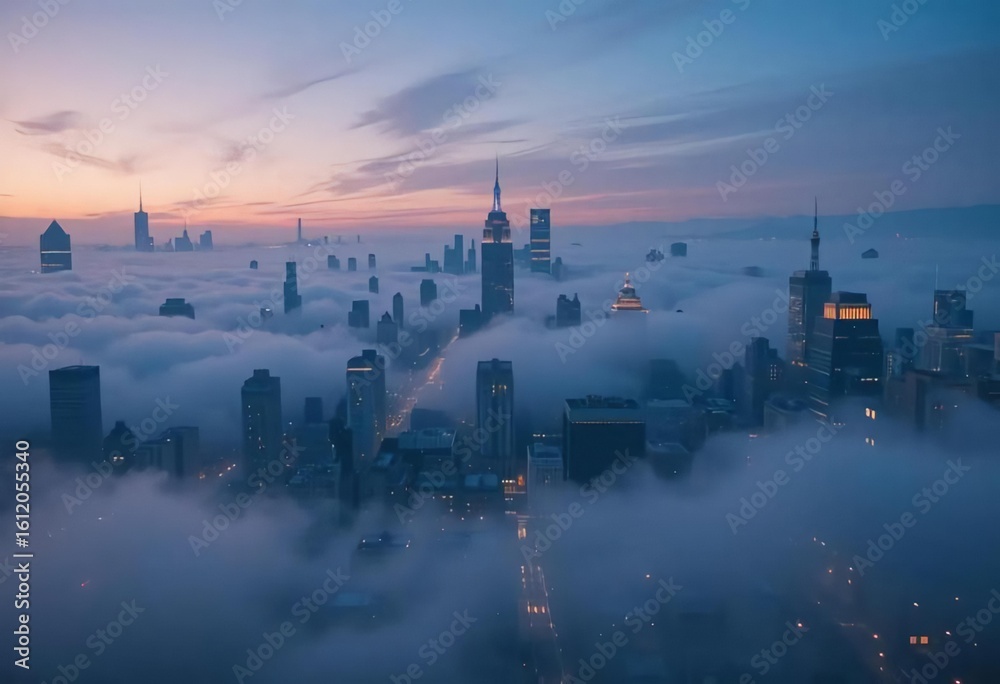 Fototapeta premium City skyline emerges through a blanket of fog at dawn illuminating urban beauty in soft hues of blue and orange