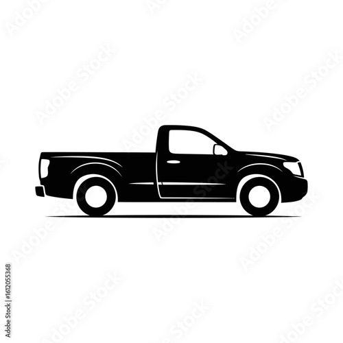 A black silhouette of a single cab pickup truck with a short bed on a white background side view design