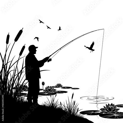 Silhouette of a man fishing in a lake with lily pads and birds flying overhead in a monochrome scene